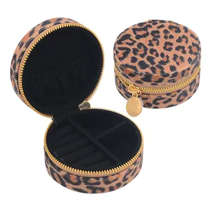 Custom Logo Jewellery Package Necklace Case With Leopard Print Luxury Small Round Jewelry Velvet Box
