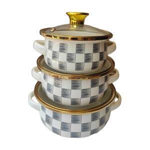 Ensemble de 3 casseroles en émail pour nouilles instantanées, salades et soupes, motif écossais gris, double anse, sous-glaçure, motifs complets, avec couvercle en verre - Product Image 4