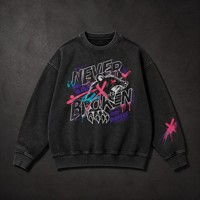 Sweat-shirt oversize délavé à col rond unisexe, imprimé ours NEVER BROKEN, en coton épais, style streetwear graffiti, personnalisé