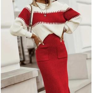 Pull en maille colorblock, jupe mi-longue ajustée, ensemble 2 pièces pour femmes, tendance - Product Image 3