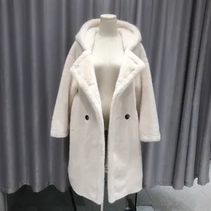 人気のレディースロングオーバーコートファッション卸売冬のフェイクミンクファージャケットフード付き女性格安フェイクファーコート