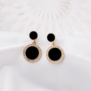 Korean hot new black round rhinestone earrings fashion simple and versatile temperament female wedding earrings jewel