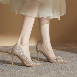 Zapatos de Tacón de Aguja con Cristales Plateados, de Cuero, de Punta, Cómodos, Sin Cordones, para Bodas Formales - Product Image 4