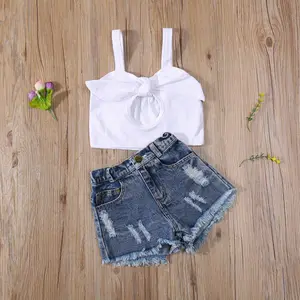 2022 Wholesale Casual Denim Shorts Tank Tops Children Clothes Set 2Pcs Sling Strap Vest Girls Summer Outfits