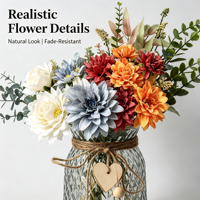 Bouquet de fleurs artificielles pour décoration de table, tons automnaux doux, dahlias et roses mélangés, accentuations de verdure d'eucalyptus, garniture de vase