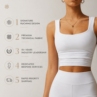 Vente en gros de vêtements de sport pour femmes, personnalisés, en tissu technique, avec soutien sculpté et rembourré, col carré froncé, de la série Silk Gather, pour le fitness et le yoga