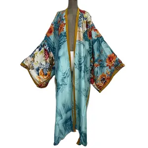 Custom Vrouwen Kaftan Flowy Kimono Vest Open Voorzijde Maxi Jurk Losse Strand Coverups Bloemen Beach Cover Up Voor Bikini