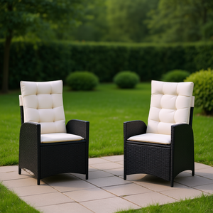 Ensemble de 2 chaises de jardin inclinables en rotin noir avec coussins crème, mobilier d'extérieur au design contemporain, inclinaison manuelle - Product Image 2