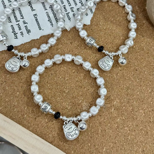 999 Pure <b>Silver</b> Lucky Cat Bracelet With Pearl <b>Beads</b> Unisex Gift Jewelry - Product Image 2