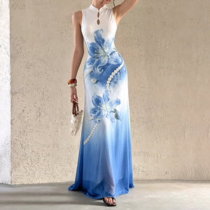 Vestido Cheongsam de malla con estampado floral en degradado azul glaciar, vestido largo chino vintage para mujer, vestido maxi de playa para vacaciones - Product Image 3