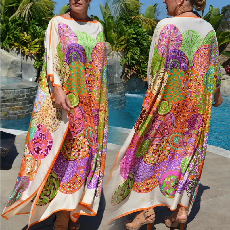 Vintage Afrika drucken Kaftan Marocain Robe Femme freie Größe Fledermaus Ärmel Seide Satin Maxi kleid Strand abdeckung für Frauen