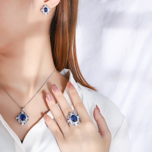 Delicate Eco-friendly Copper Dainty Floral Design Necklace <b>Earrings</b> Ring 3PCS <b>Set</b> 10*12/6*8mm Blue Zircon Flower Jewelry <b>Set</b> - Product Image 6