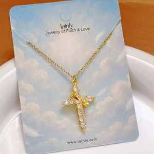Collana con Croce e Corona, Alta Qualità, Placcata in Oro 18K, Zirconi, Catena in Acciaio Inossidabile per Donne - Product Image 4