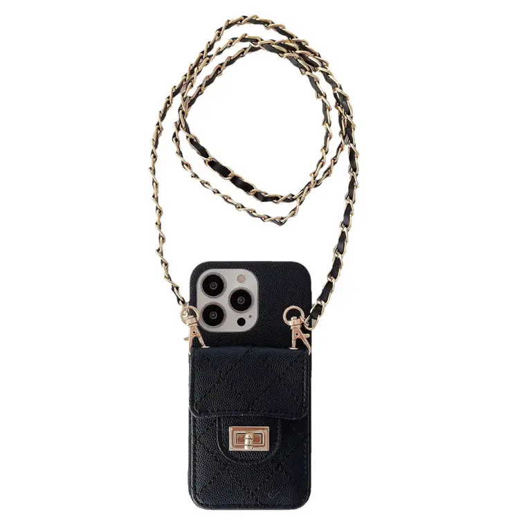 Роскошный клетчатый держатель для карт с рисунком, кошелек для кредитных карт, чехол для телефона с диагональным цепочным креплением для iPhone 11/12/13/14