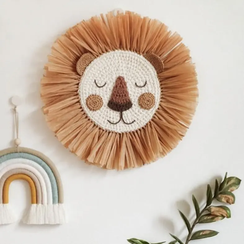 Ins Kids Room Decoration Hot Item Cartoon Animal Tiger Lion Handmade Woven Straw Wall Hanging Decoration