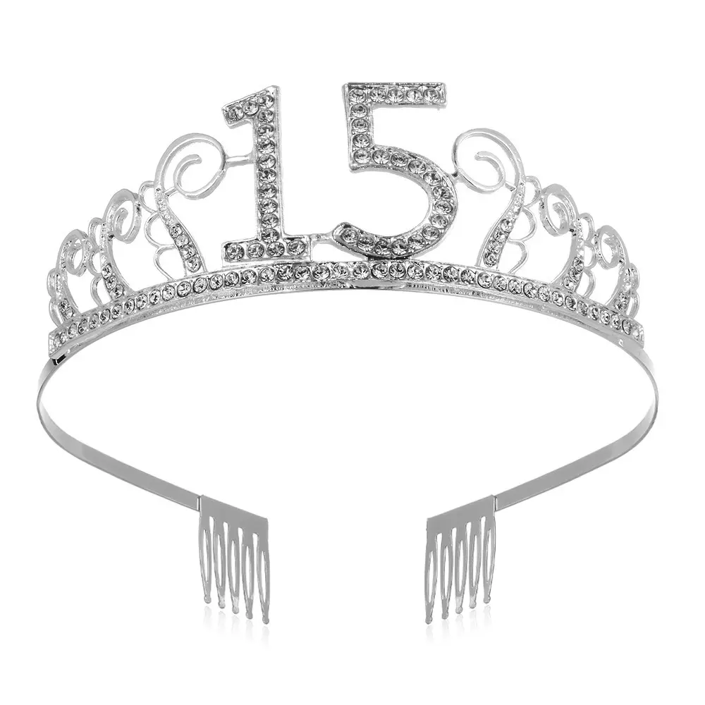 Elegante ragazza 10 15 16 18 20 21 anni corona di compleanno con pettine in lega di strass placcato argento Tiara testa accessori