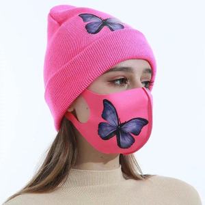 Sombreros tejidos con mascarillas para mujer, 2 piezas, invierno, cálido, con estampado de diamantes de imitación - Product Image 6