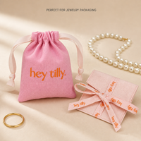 Kantong Serut Katun Linen Pink dengan Logo Cetak Kustom, Tas Amplop Mini, Kemasan Perhiasan Cincin Mewah, Tas Muslin