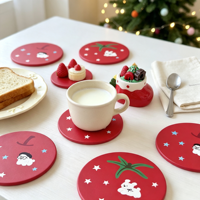 Sous-verre rond décoratif rouge de Noël en céramique imprimée UV, anti-rayures, avec dos en liège, logo personnalisé, pour table à manger et bar à café