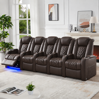 Ensemble de canapés inclinables électriques en cuir véritable 5 places, couleur marron, pour home cinéma, avec confort zéro gravité pour salon