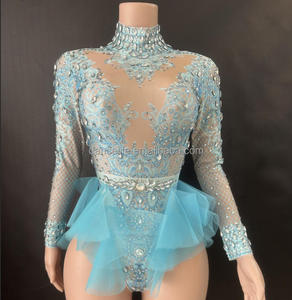 Robe de danse sexy et brillante avec strass, combinaison en tulle rose élastique amincissante, <span class=keywords><strong>costume</strong></span> de scène - Product Image 6