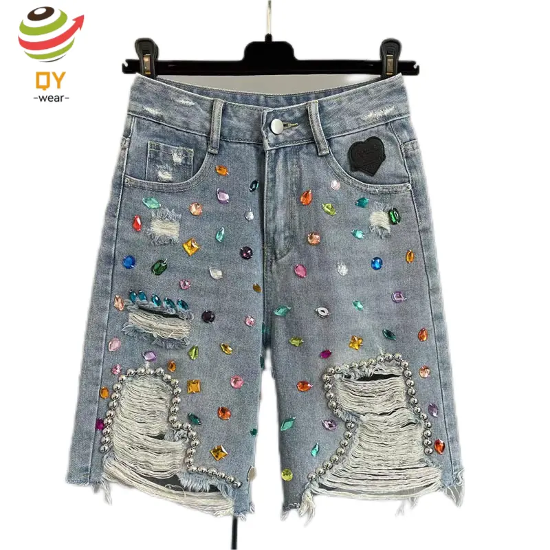 QY8250 Street Rhinestone Beaded High Waist Denim Shorts Women Summer New Slim Fit All-Match Ripped Short Jeans Tassel Hot Pants
