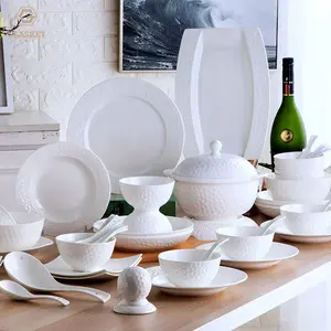 60 Stuks Hotel Bone China Servies Set Puur Witte Honingraatkorrel Platen Witte Keramische Kom En Platen Set Groothandel