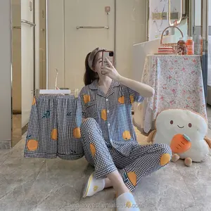 가을 여성 옷깃 잠옷 짧은 소매 바지 반바지 3Pcs 세트 잠옷 우유 실크 Terno 잠옷 Loungewear 잠옷 레이디