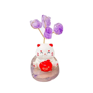 Wholesale Healing Natural Crystal Handmade Fortune Cat Amethyst Flower Tree Ornament Carving Lucky Tree For Decor