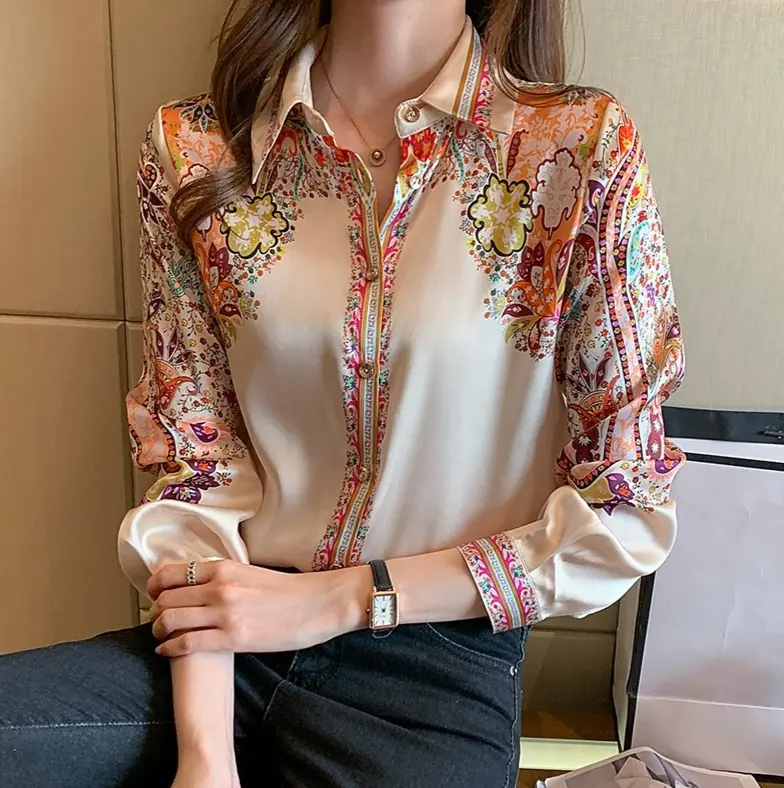 Camisa feminina chiffon estampa flores, blusa de escritório para mulheres primavera outono 2022