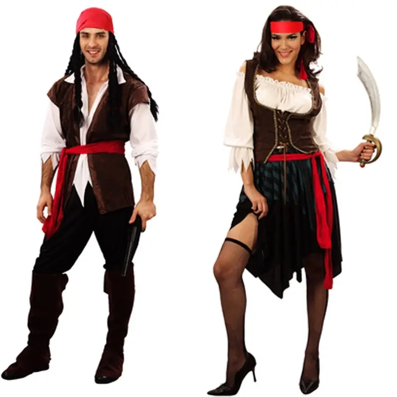 Kostum Bajak Laut untuk Wanita Pria Dewasa Halloween Pria Kapten Jack Sparrow Kostum Cosplay Pirates Of The Caribbean Set Baju Cosplay