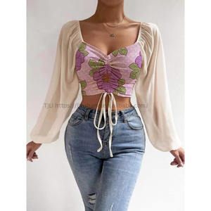 Summer New V-neck Chiffon Drawstring Lantern Sleeve Tight Fashion Sexy Women's Shirt Top Blouse Fashion - Product Image 5
