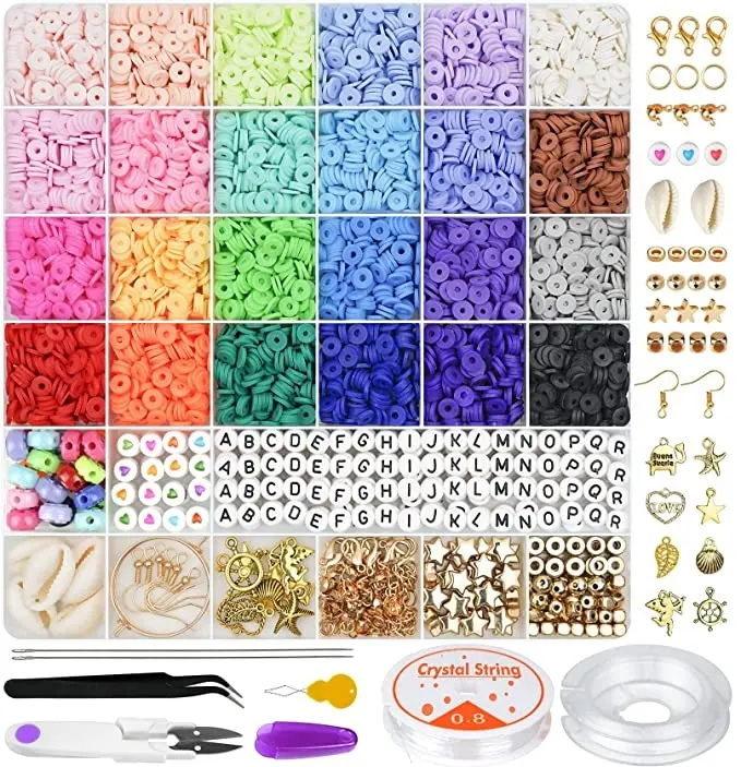 6000 Pcs 24 Colors Flat Round Polymer Clay Beads Heishi Beads with Pendant Charms Kit for Jewelry Making Kit Bracelets Necklace