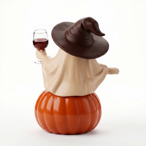 Figurine de fantôme d'Halloween en résine avec chapeau de sorcière, assise sur une citrouille, tenant un verre à vin, décoration de table pour fête à domicile - Product Image 3