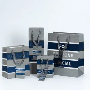 Sacolas de compras com logotipos para festas artesanais de negócios premium premium cinza azul papel Kraft para embrulho de presentes