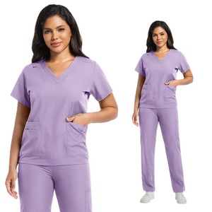 Nurse Uniform Set Solid Color Short Sleeve Long Pants Two Piece Scrub Women Moisture Wicking Hospital Workwear - Product Image 5