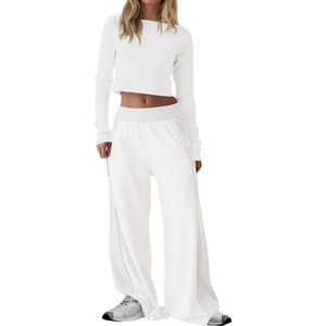 Ensemble Lounge 2 Pièces Fisoew pour Femme : Crop Top et Pantalon Large avec Poches, Tenue Quotidienne Respirante en Maille - Product Image 1