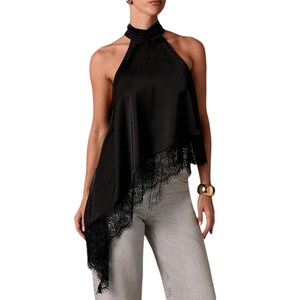 Canotta da <span class=keywords><strong>Donna</strong></span> Channel in <span class=keywords><strong>Raso</strong></span> Setoso con Orlo Asimmetrico in Pizzo, Elegante <span class=keywords><strong>Top</strong></span> Estivo Sexy Y2k con Collo Alto Senza Maniche 2026 - Product Image 1