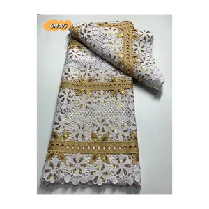 2023 High Quality Nigeria Guipure White And Gold Cord Lace Water Soluble White Lace for Dress Fabric Polyester / Cotton