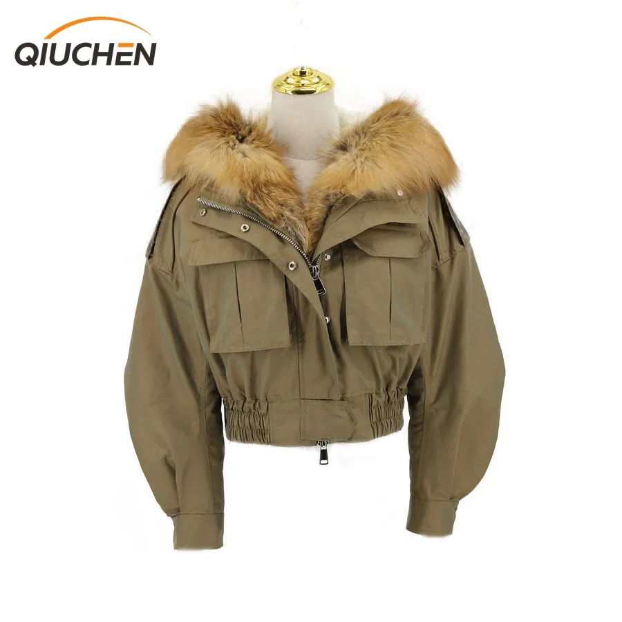 Qiuchen-qc20030 capuz de pele de cordeiro, pronto para enviar cordeiro real, gola de pele vermelha, casaco de parka curto