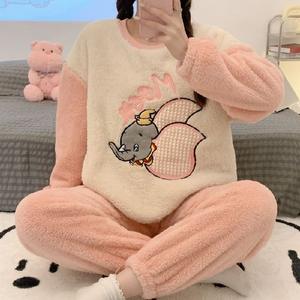 Pijamas de franela de otoño e <span class=keywords><strong>invierno</strong></span> para <span class=keywords><strong>mujer</strong></span>, cuello redondo, ropa de casa de franela bonita y gruesa, conjunto de dos piezas de dibujos animados - Product Image 3