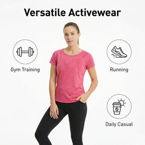 เสื้อยืดออกกำลังกายแขนสั้นสีชมพูสำหรับ<span class=keywords><strong>ผู้หญิง</strong></span> ผ้าโพลีเอสเตอร์ 100% ระบายเหงื่อได้ดี เหมาะสำหรับใส่ในยิม - Product Image 6