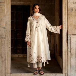 Ensemble Salwar Kameez pour femme brodé crème, comprenant une longue kurta, un châle et un pantalon palazzo à pompons, tenue de fête - Product Image 1