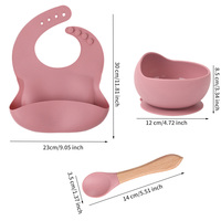 3 PCS BPA gratuit Set-Ajuster Bib et bol d'aspiration avec cuillère en bois pour les enfants, pliable Silicone Baby Feeding Set