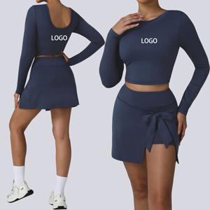 Nuevo logotipo personalizado Conjunto de parodia de tenis para mujer Top corto de manga larga Falda de cintura alta Ropa deportiva - Product Image 1