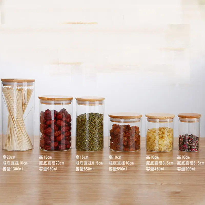 Круглая стеклянная банка с бамбуковой крышкой, многоразмерная Стеклянная емкость для хранения пищевых продуктов