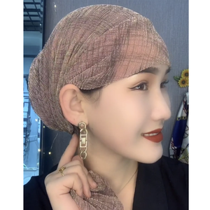 Foulard en mousseline rayé pour femme, style européen et américain, avec design élastique double couche, bonnet de yoga musulman en polyester - Product Image 5