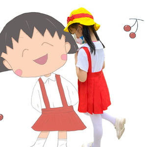 Costume de cosplay Chibi Maruko Chan, jupe rouge, chemise blanche, chapeau jaune, tenue pour enfants de 5 à 7 ans, printemps 2025 - Product Image 4