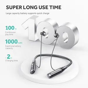 Earbud Neckband Nirkabel dengan Slot Kartu TF 100 Jam Waktu Bermain Headset Leher Bluetooth USB-C Pengisian Cepat Peredam Kebisingan