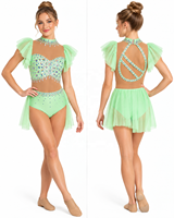 Costume de danse lyrique vert menthe personnalisé pour femmes et filles, justaucorps à manches bouffantes avec strass, jupe en maille, tenue de scène